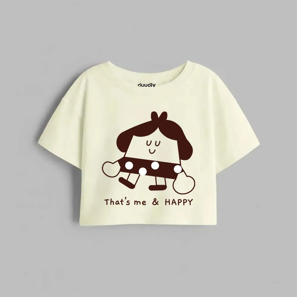 Off-white Me and Happy printed cotton crop top for girls 4-12 years | Guugly Wuugly