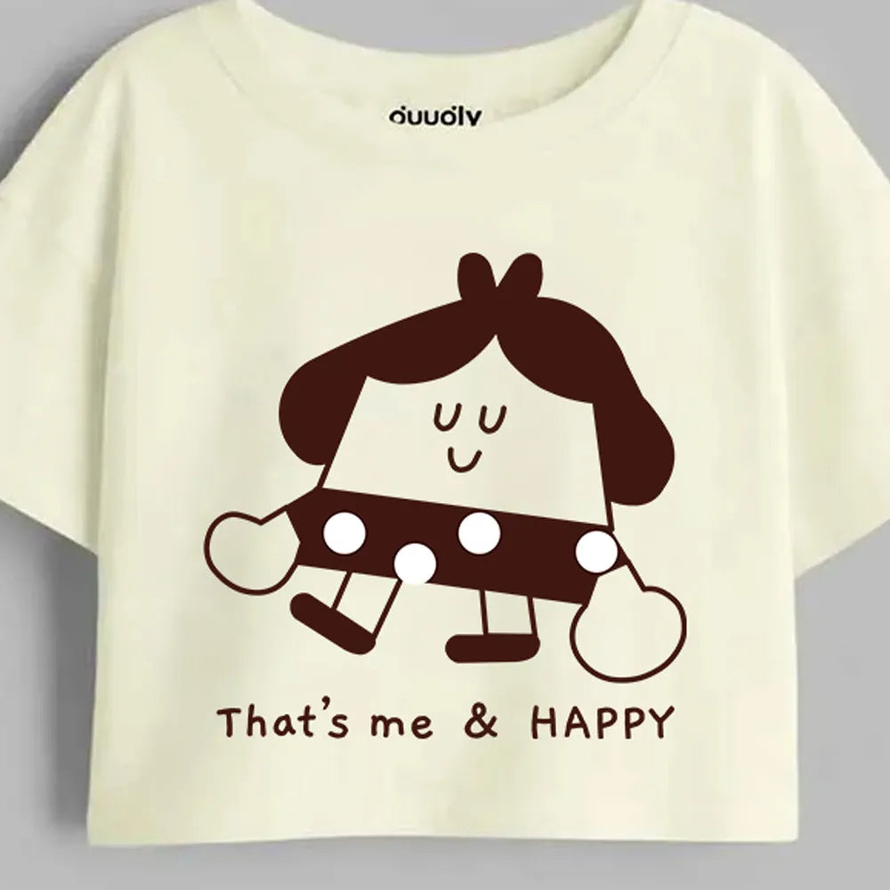 Close-up of Me and Happy print on off-white cotton crop top for girls | Guugly Wuugly