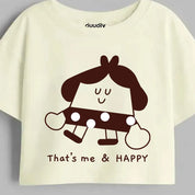 Close-up of Me and Happy print on off-white cotton crop top for girls | Guugly Wuugly