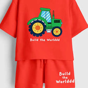 Boy wearing red Build The World printed cotton co-ord set | Guugly Wuugly