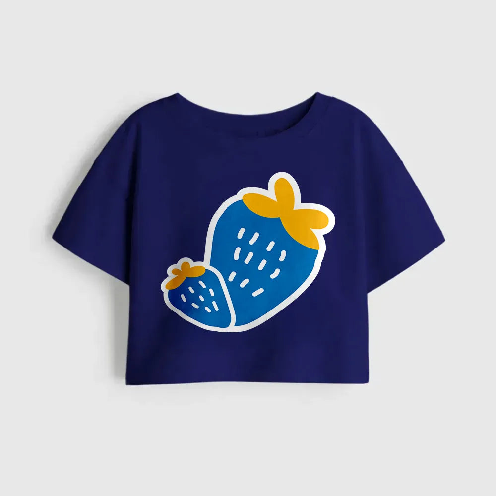 Navy blue strawberry printed cotton crop top for girls 4-12 years | Guugly Wuugly