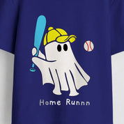 Close-up of Home Run Hero print on navy blue cotton t-shirt for boys | Guugly Wuugly