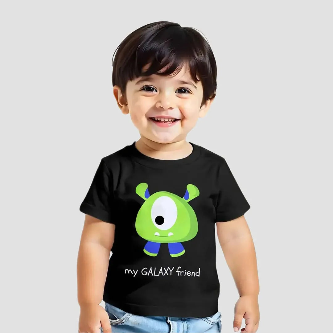 Toddler boy wearing My Galaxy Friend cotton t-shirt | Guugly Wuugly