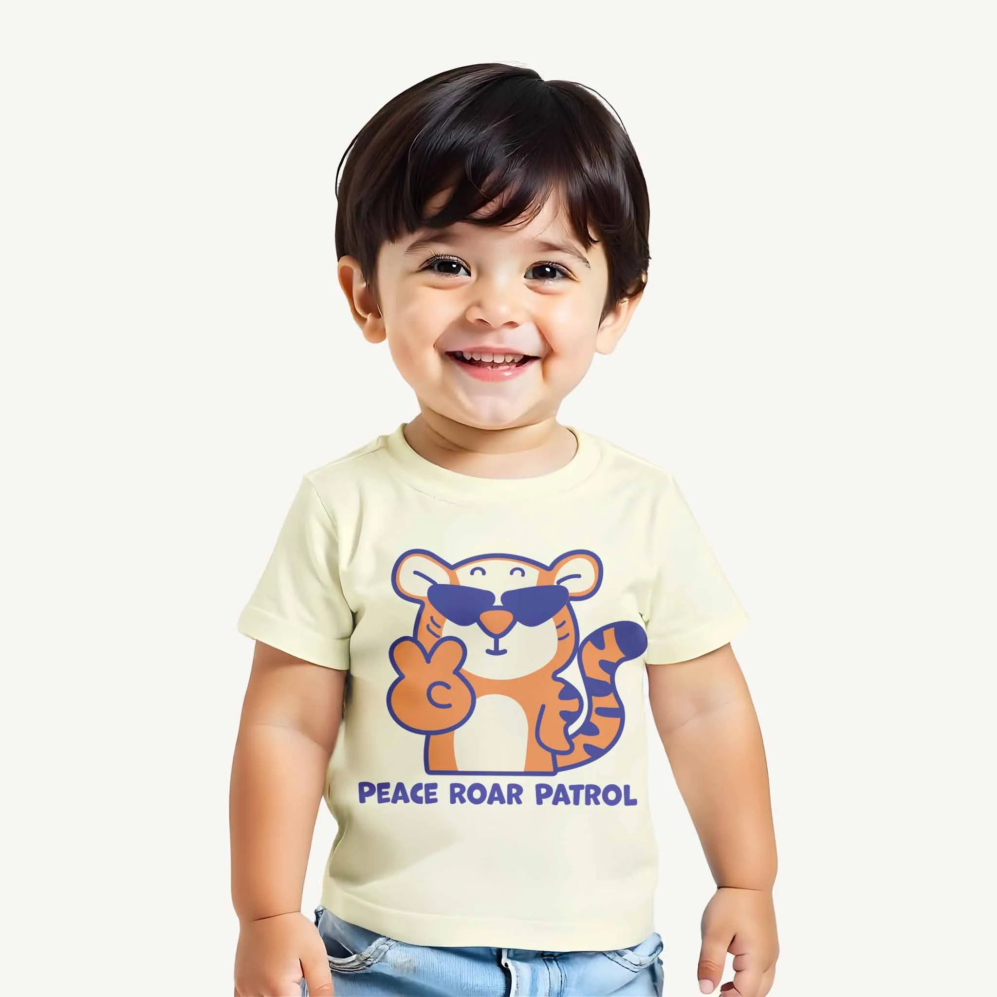 Toddler boy wearing Peace Roar Patrol cotton t-shirt | Guugly Wuugly