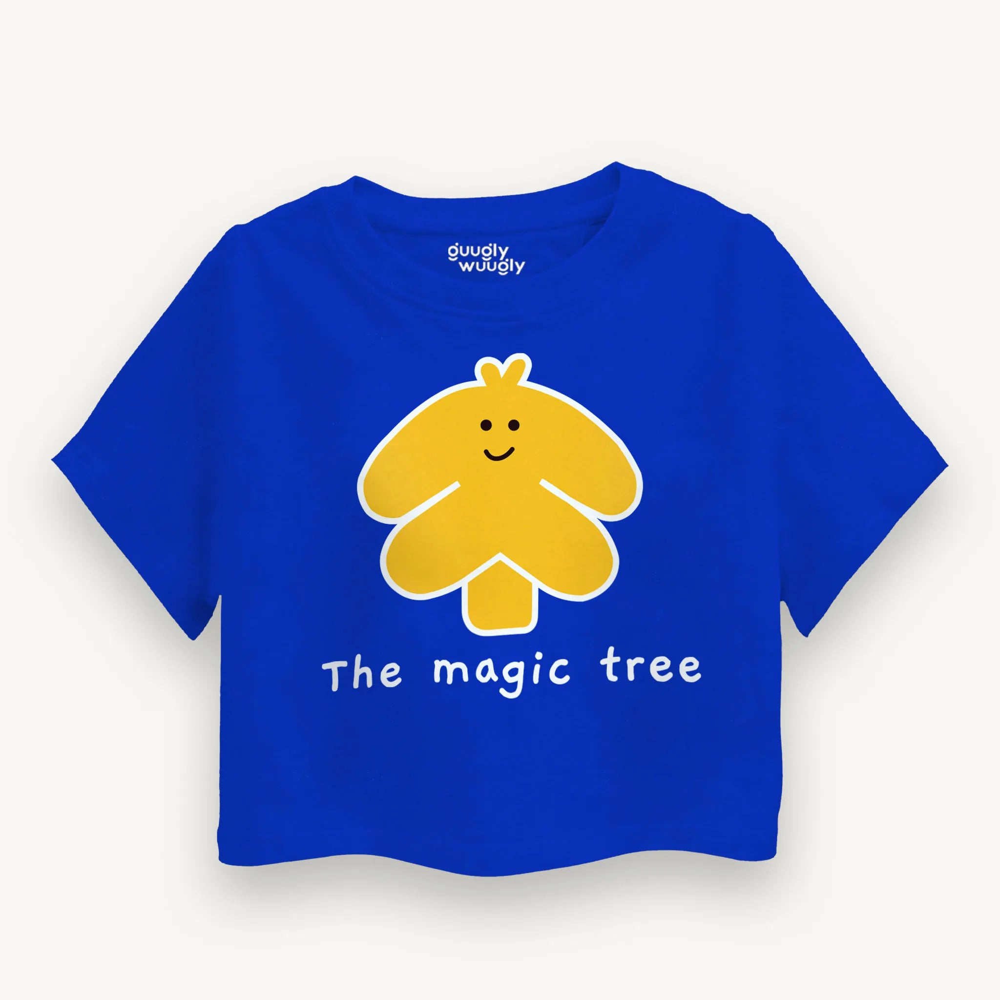 Front view of the Girls Magic Tree Crop Top in Classic Blue featuring a mystical tree design.