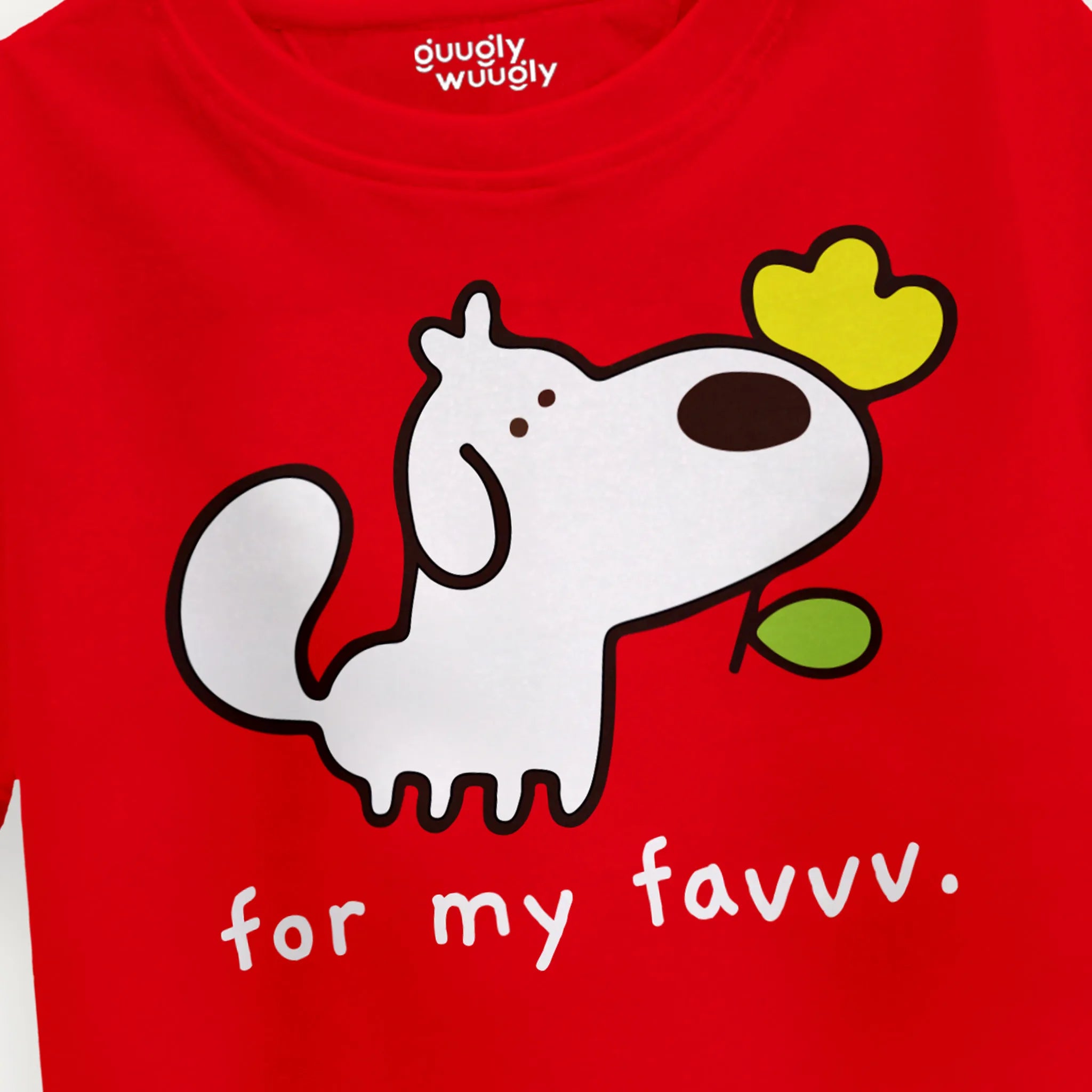 Close-up of the Girls For My Favv Crop Top in Red highlighting the detailed dog print and soft fabric.