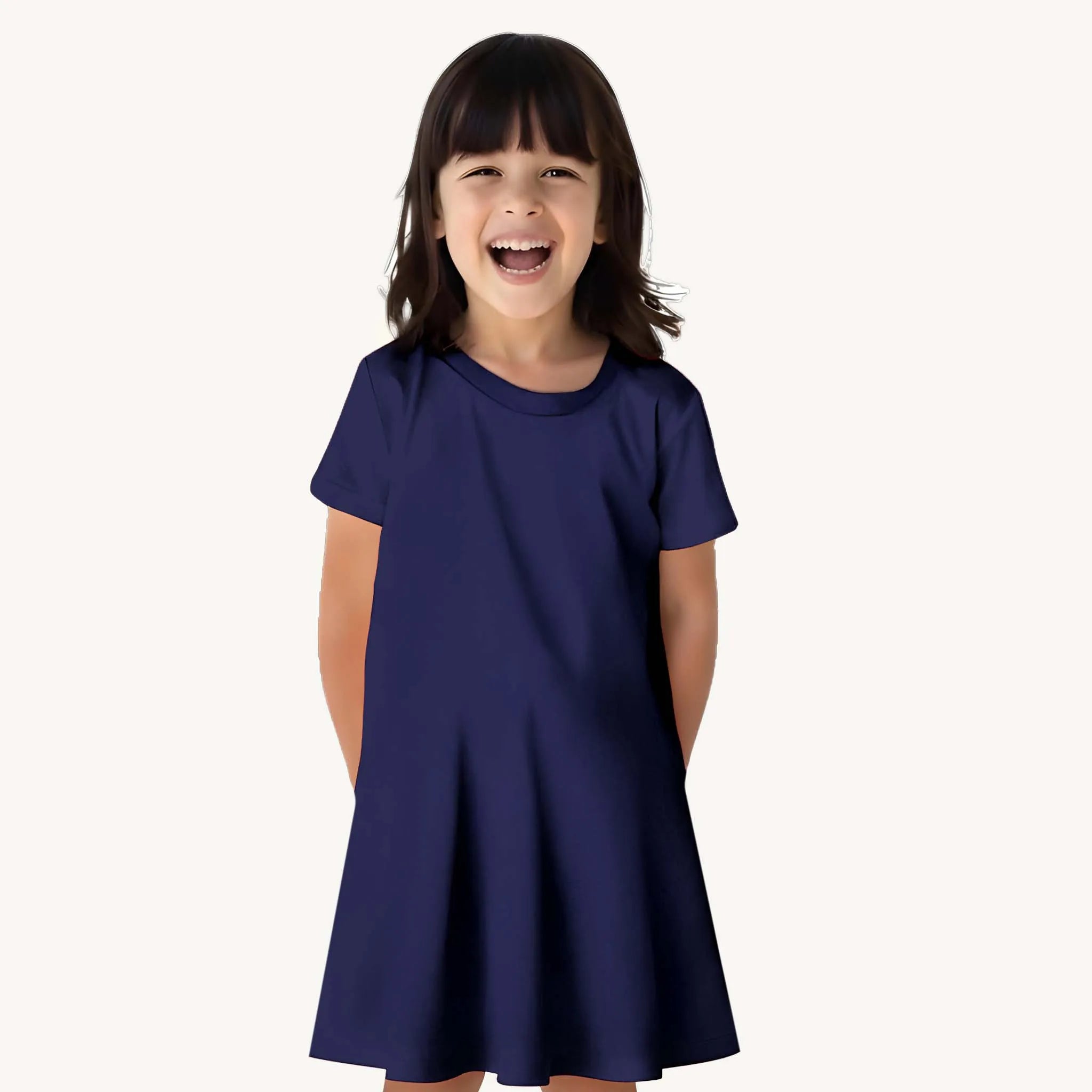 Girls Solid Navy Blue A Line Dress