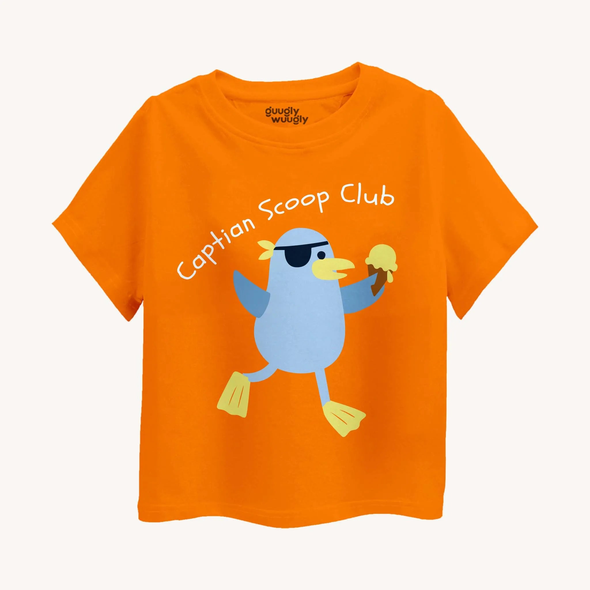 Orange t-shirt with a cartoon penguin and text on a white background