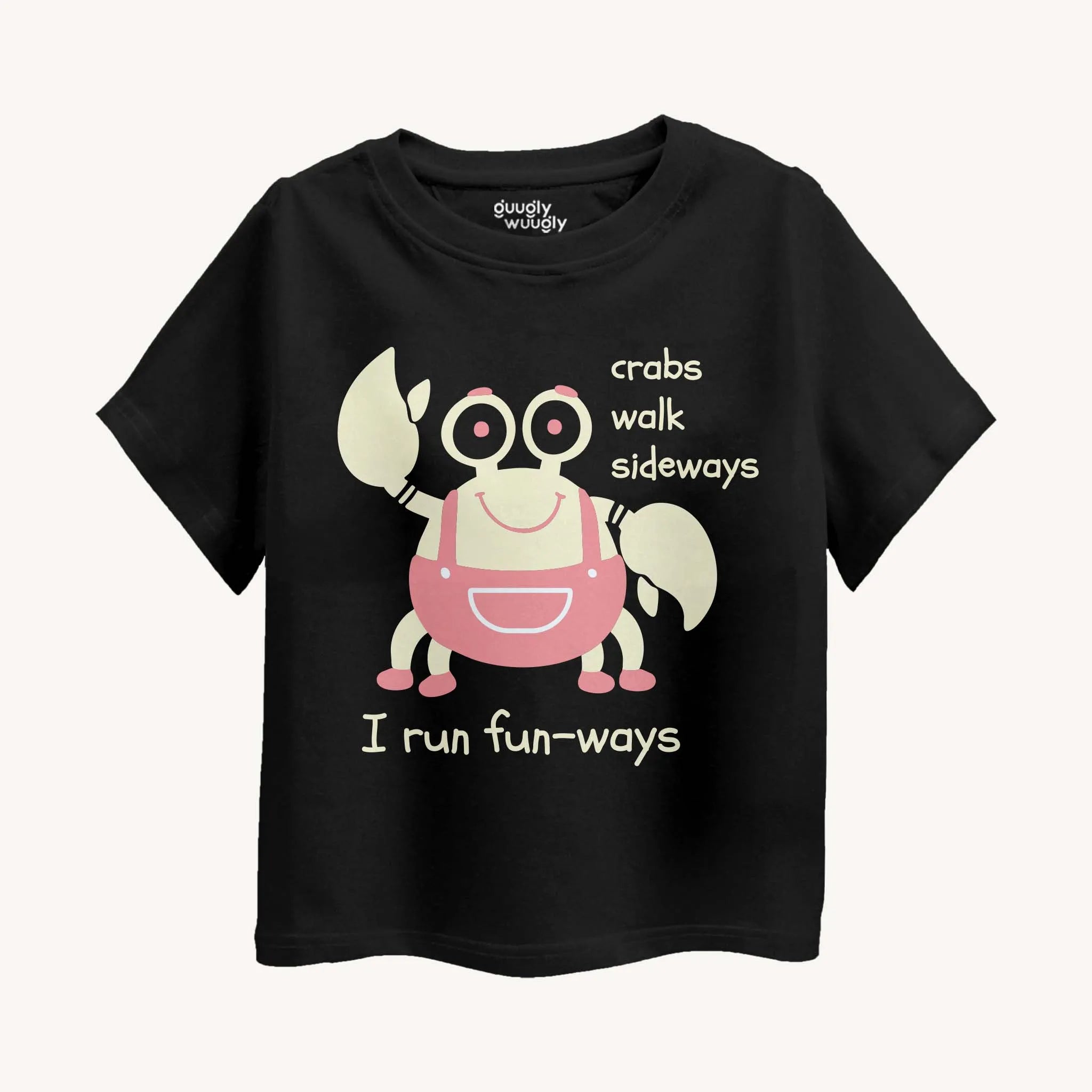 Black t-shirt with a cartoon crab design and text on a white background