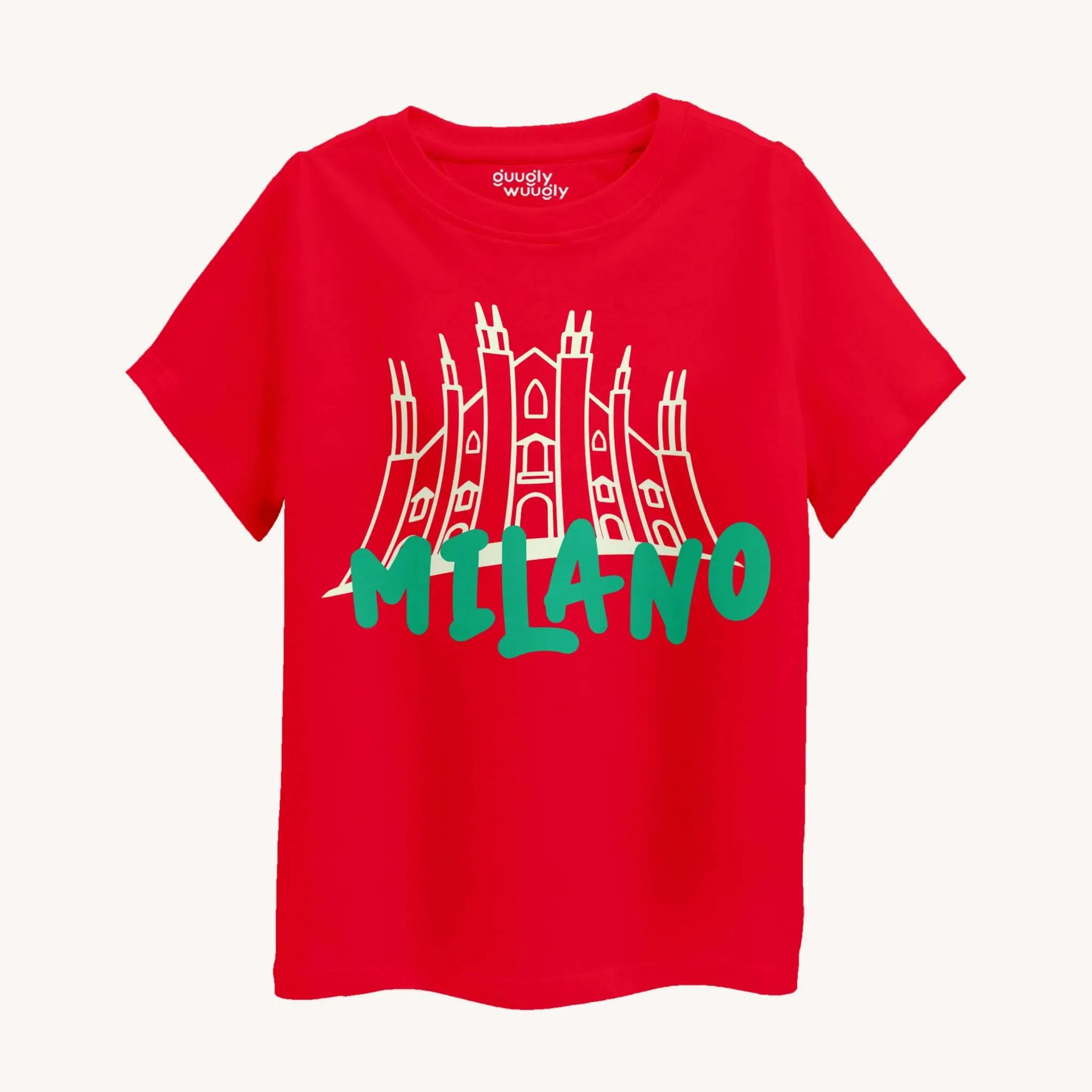 Red t-shirt with a graphic of a cathedral and 'MILANO' text on a white background