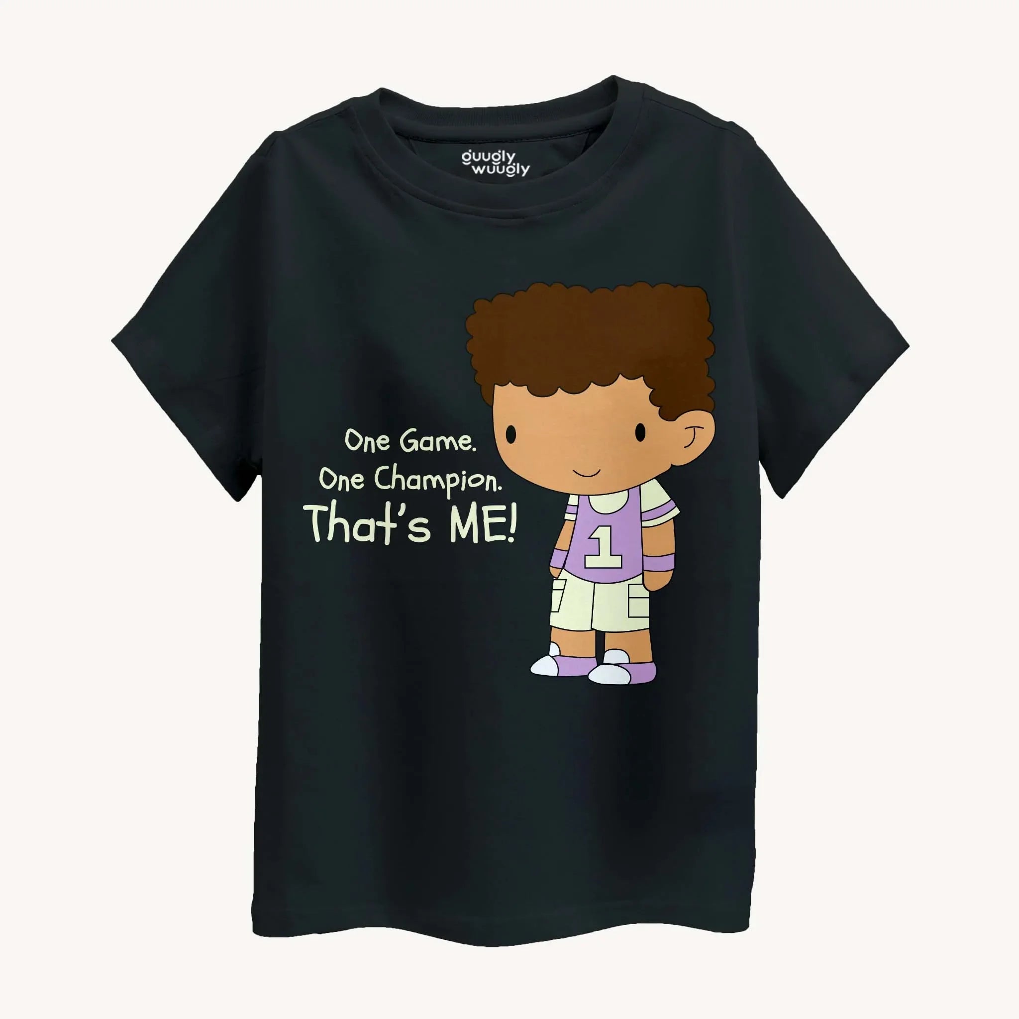 Black t-shirt with a cartoon character and text on a white background