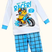 Children's bear racer nightsuits set with bear on a motorcycle and 'Best Bear Racer!' text.