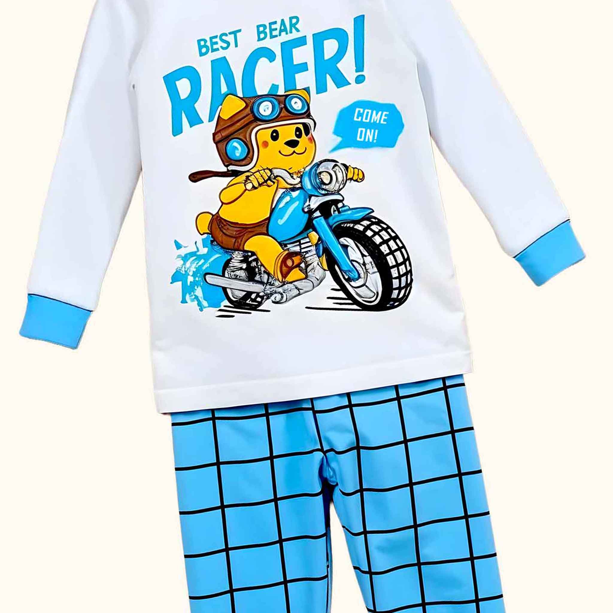 Children's bear racer nightsuits set with bear on a motorcycle and 'Best Bear Racer!' text.