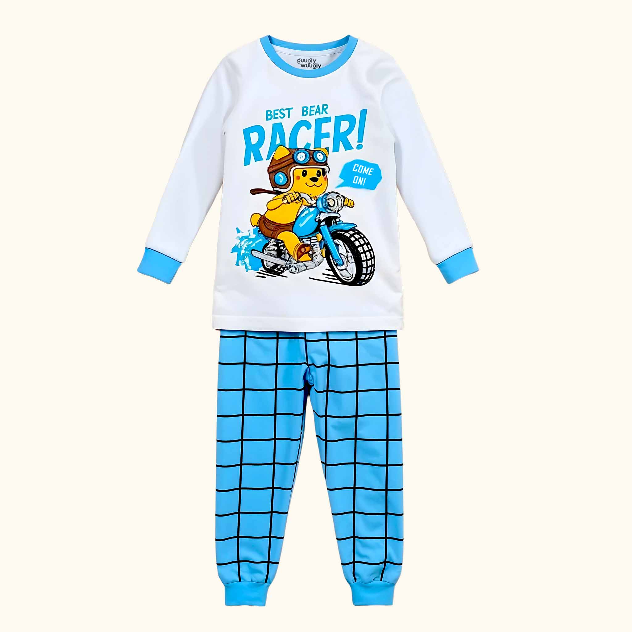 Children's pajama set with a bear racer design on a white background