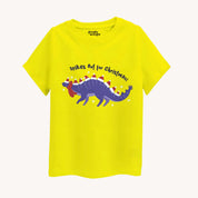 Yellow t-shirt with a dinosaur graphic and text on a white background