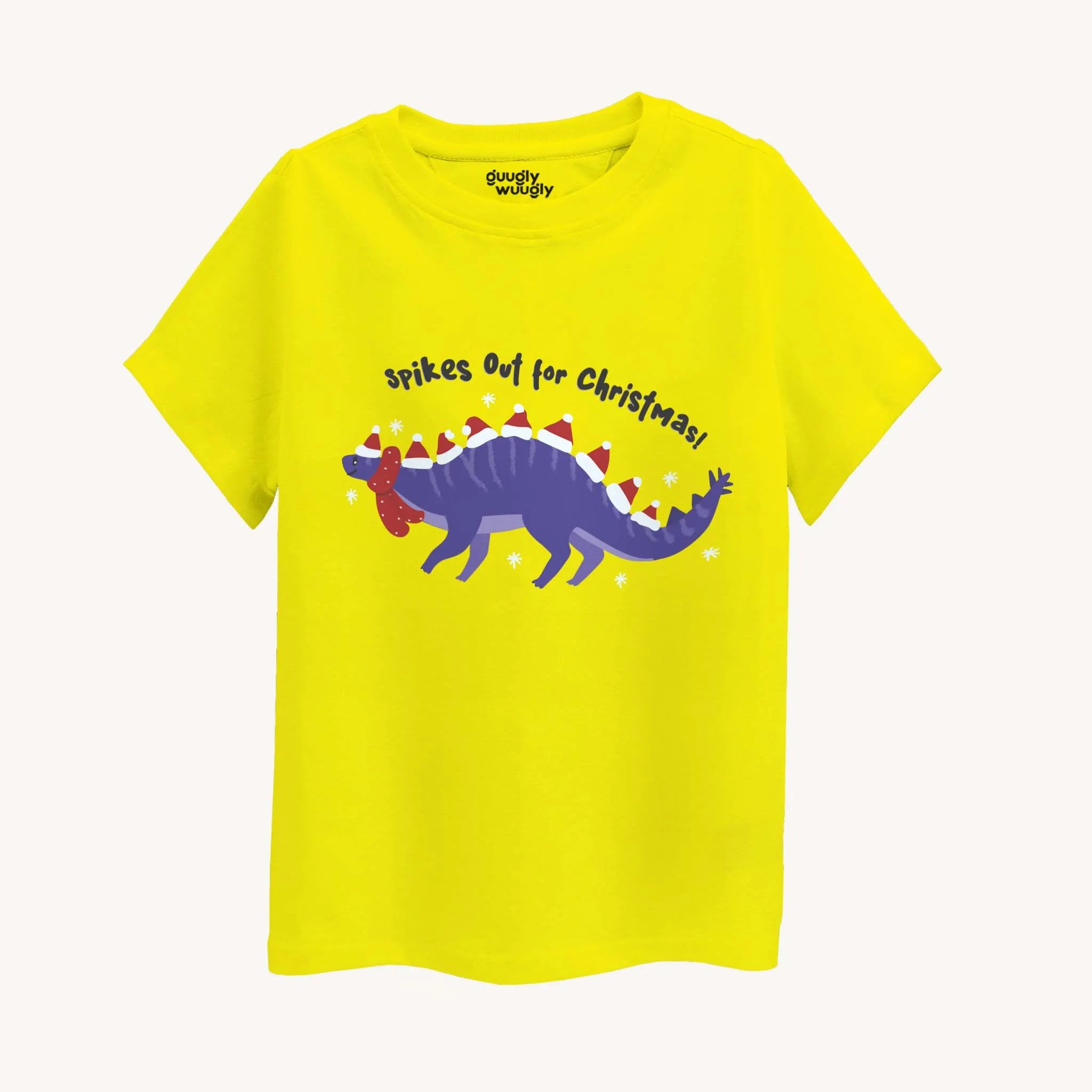Yellow t-shirt with a dinosaur graphic and text on a white background