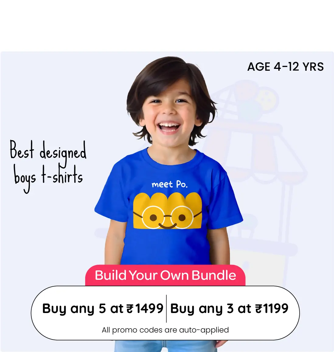 Child wearing a blue t-shirt with a cartoon design, sitting on a white chair.