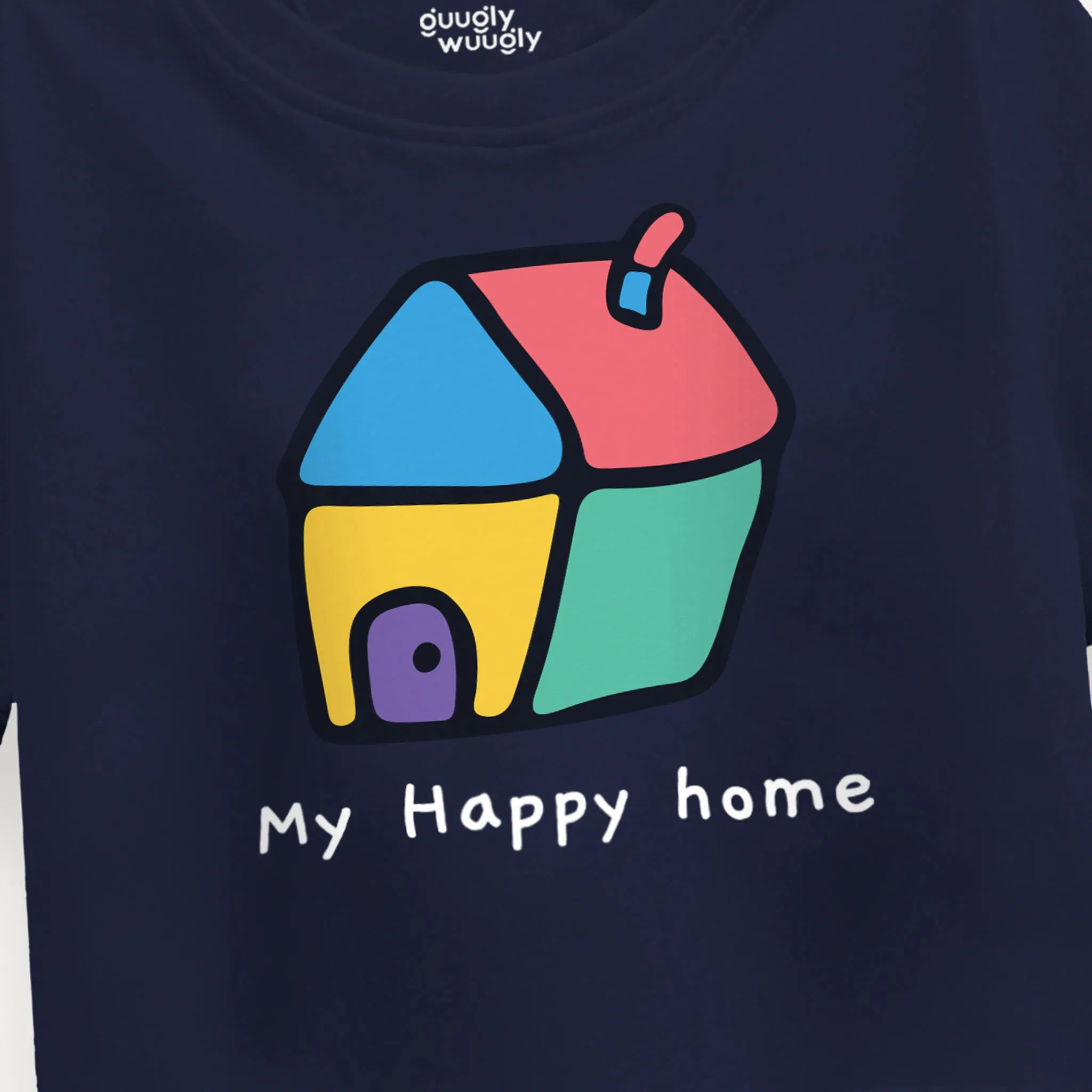 Close-up of the Girls My Happy Home Crop Top in Navy Blue highlighting the detailed home print and soft fabric.