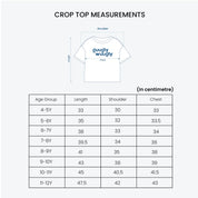 Crop top measurements chart with a diagram of a t-shirt and size chart on a white background.