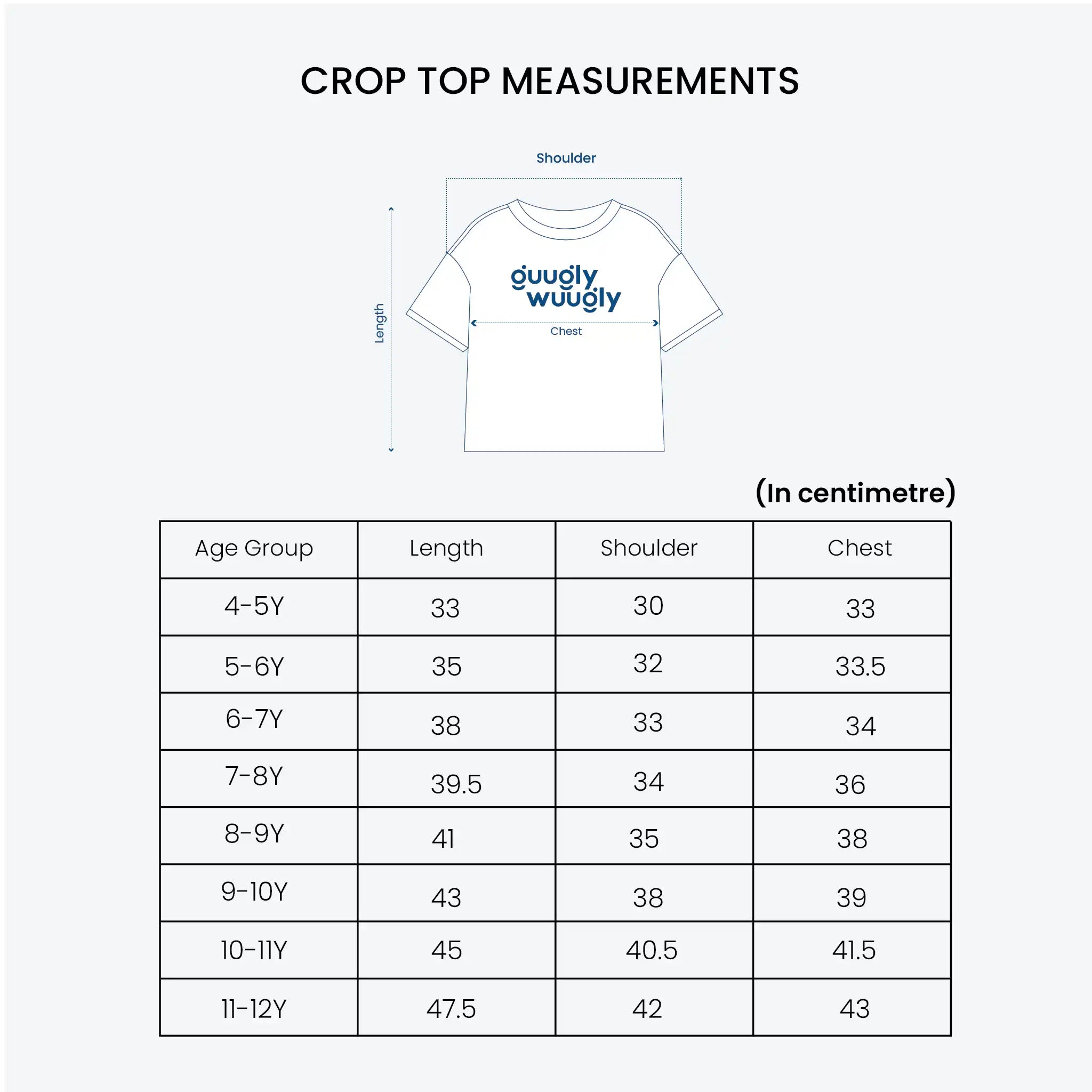 Crop top measurements chart with a diagram of a t-shirt and size chart on a white background.