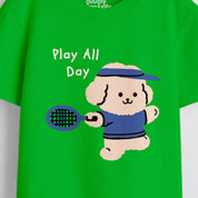 Close-up of Play All Day print on green cotton t-shirt for boys | Guugly Wuugly