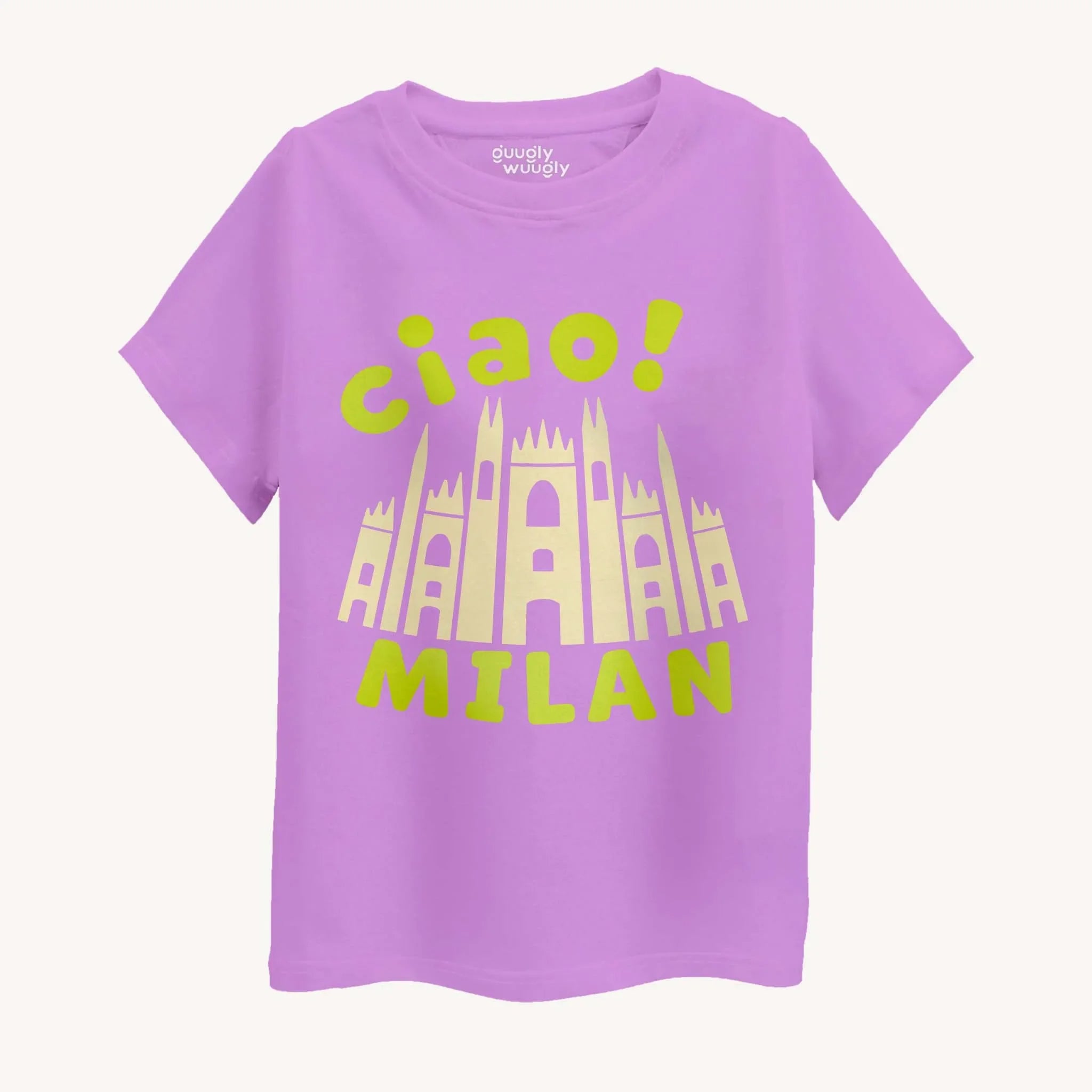 lavender t-shirt with 'ciao! MILAN' text and cathedral graphic on a white background