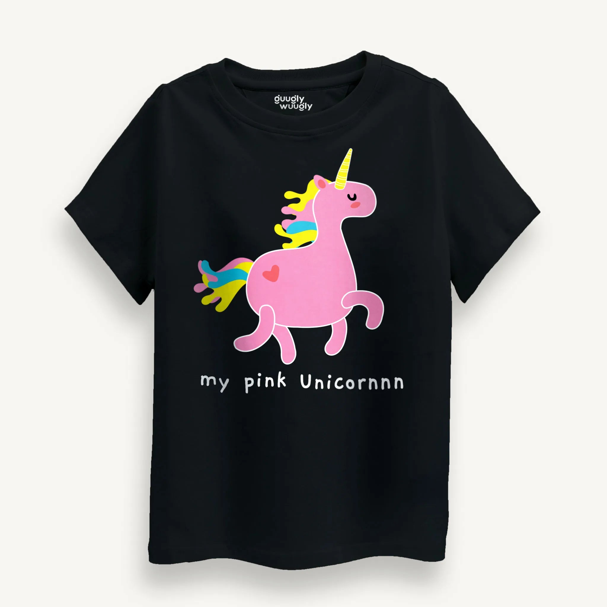 Girls-pink-unicorn-black-t-shirt-front