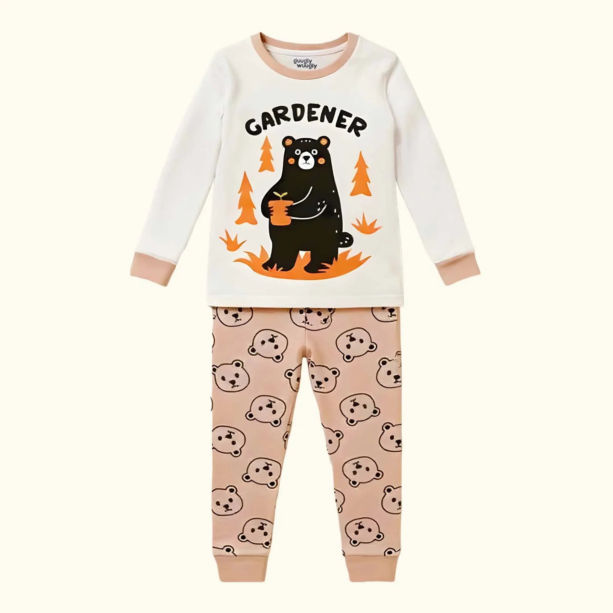 Children's pajama set with bear design and 'Gardener' text on a white background