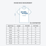 Measurement chart for a round neck t-shirt with 'guugly wuugly' branding, showing dimensions in centimeters for different age groups.