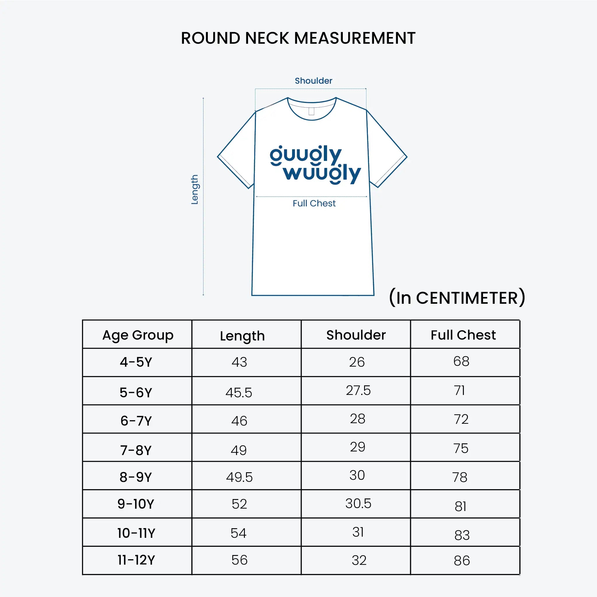 Measurement chart for a round neck t-shirt with 'guugly wuugly' branding, showing dimensions in centimeters for different age groups.