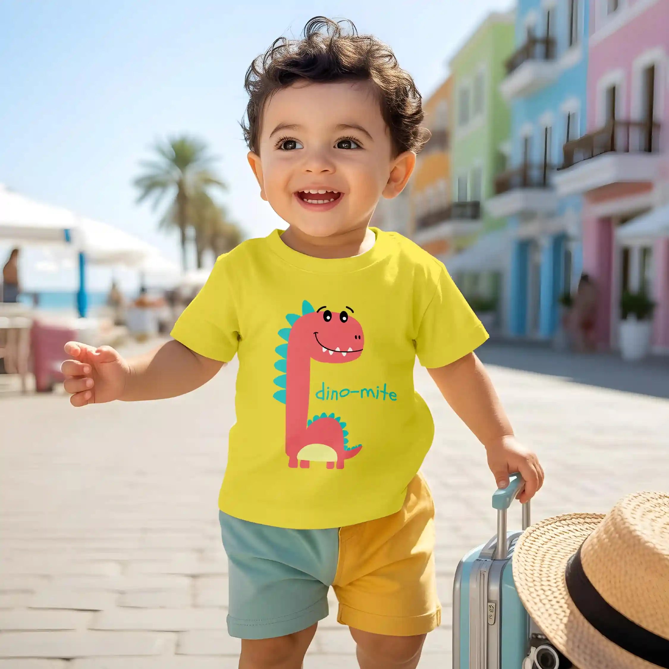 Child wearing a yellow t-shirt with a dinosaur design, standing on a beach with colorful buildings in the background.
