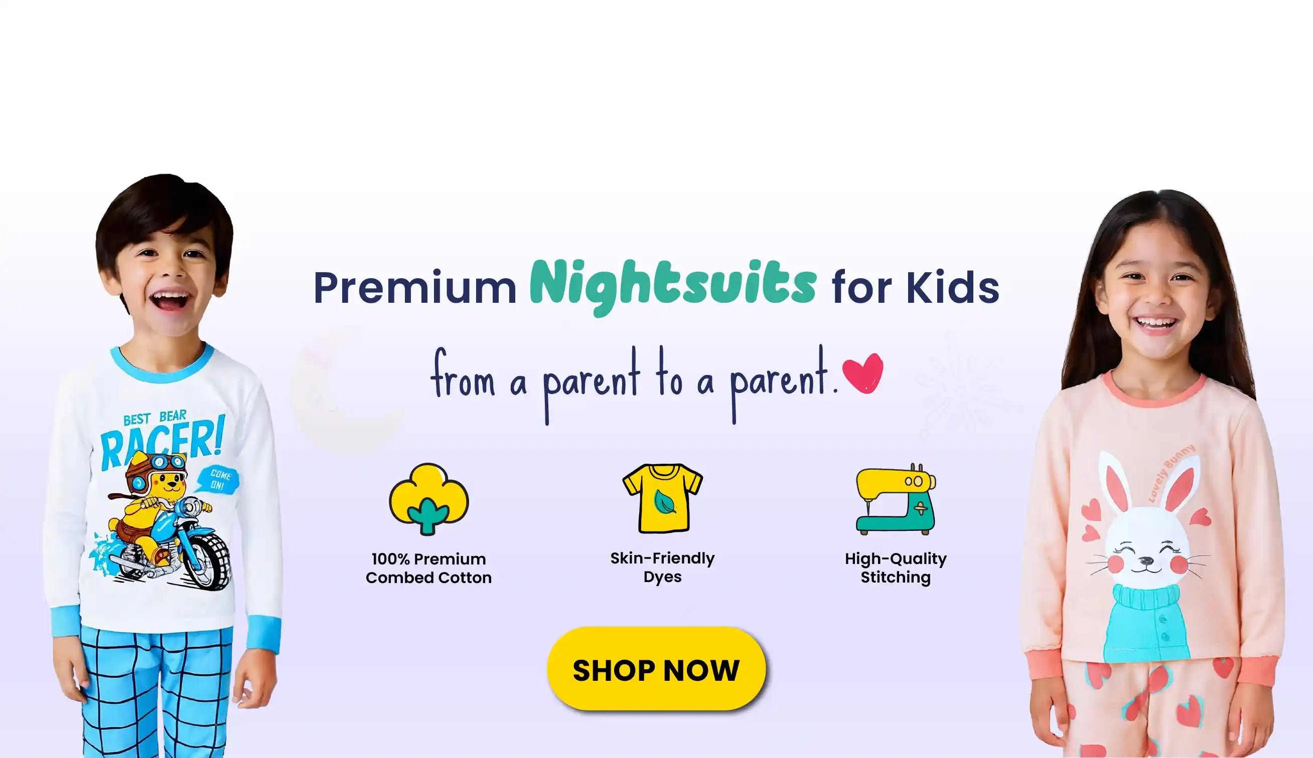 Two children wearing premium nightsuits with promotional text and icons on a white background.