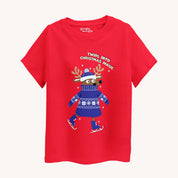 Red t-shirt with Christmas-themed design featuring a reindeer and text on a white background