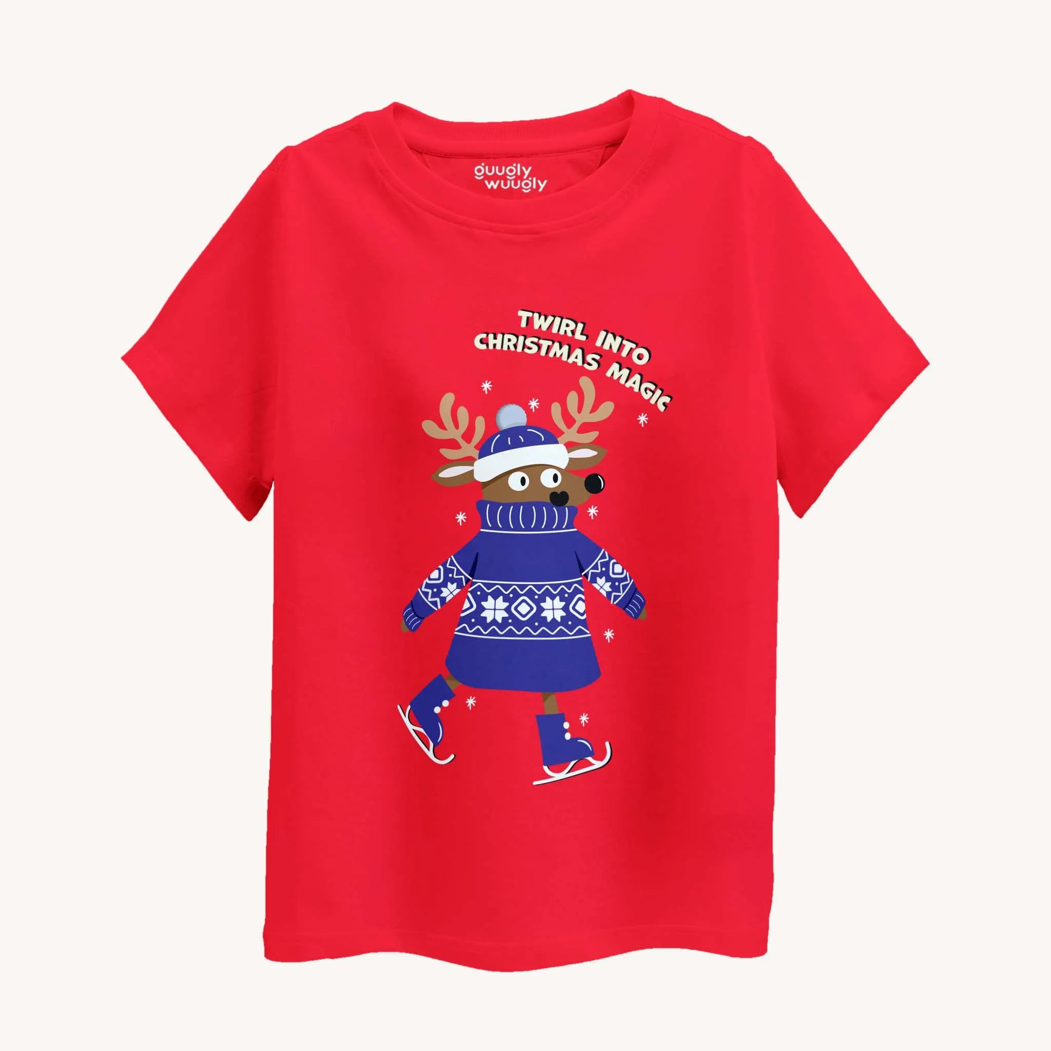 Red t-shirt with Christmas-themed design featuring a reindeer and text on a white background