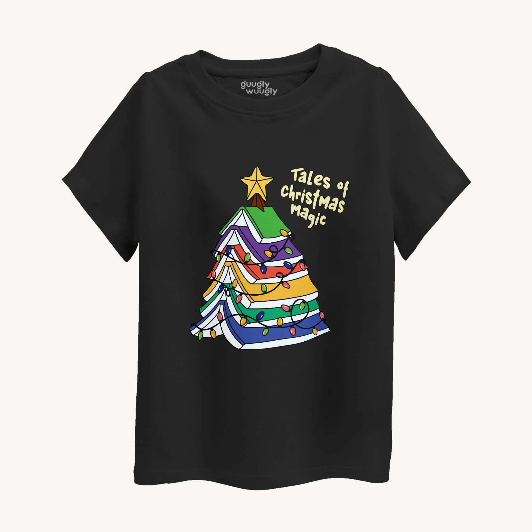 Black t-shirt with a colorful Christmas tree design and text on a white background