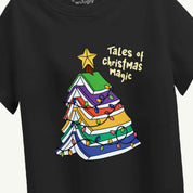 Black t-shirt with a colorful Christmas tree design and 'Tales of Christmas Magic' text.