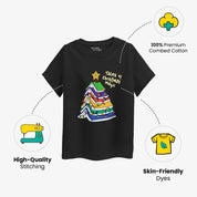 Black t-shirt with Christmas tree design and product features on a white background