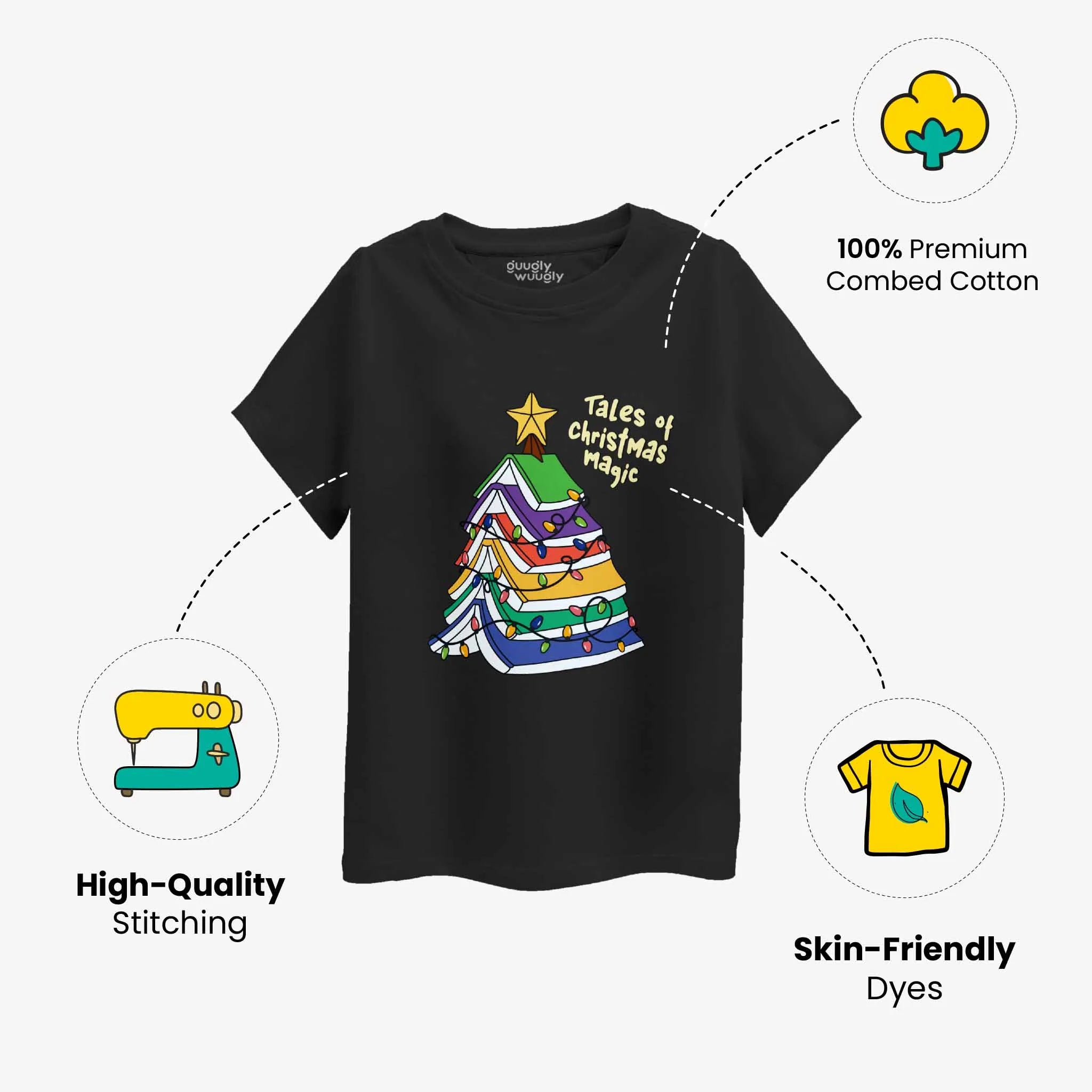 Black t-shirt with Christmas tree design and product features on a white background