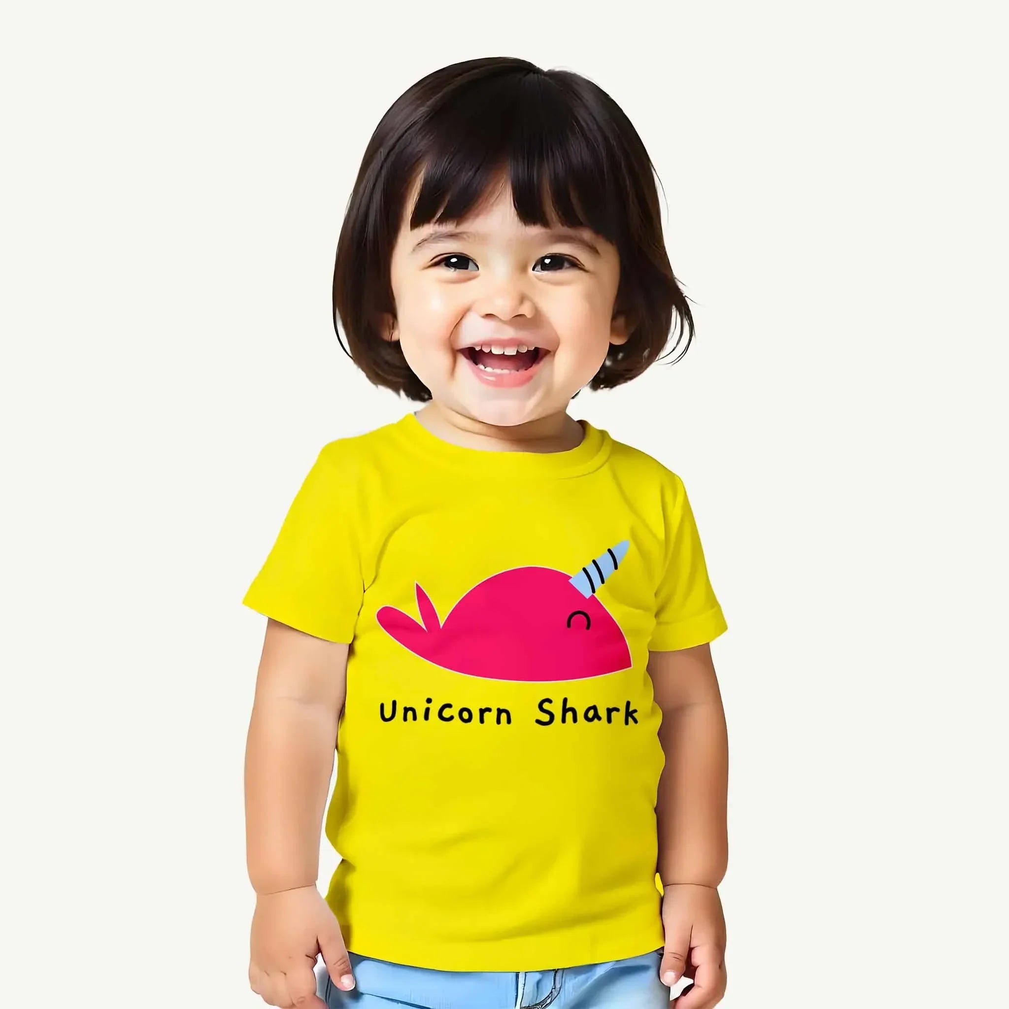 Toddler-Girl-Unicorn-Shark-Yellow-Tshirt-Model