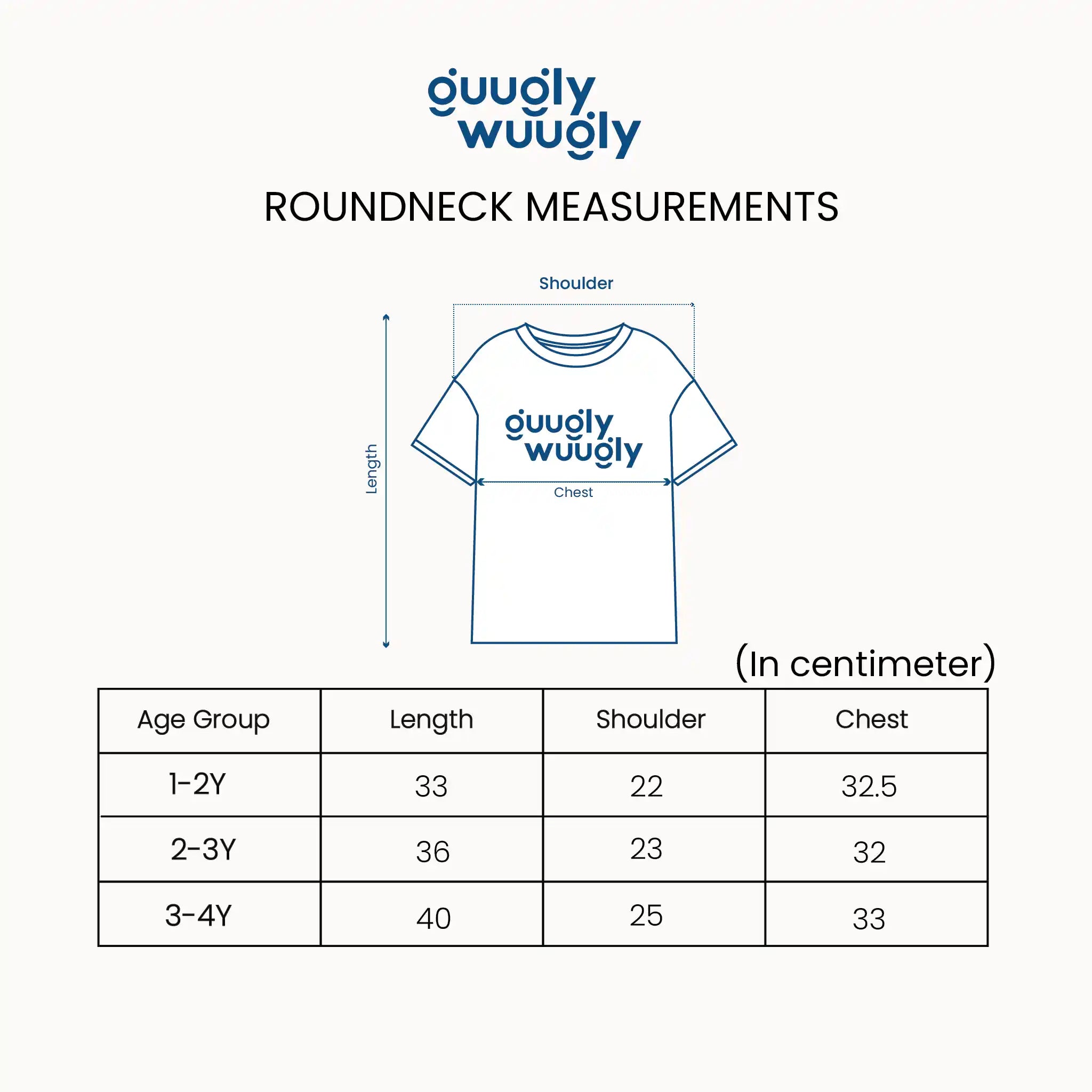 Toddlers tshirt Measurement chart for guugly wuugly t-shirts with size chart on a white background