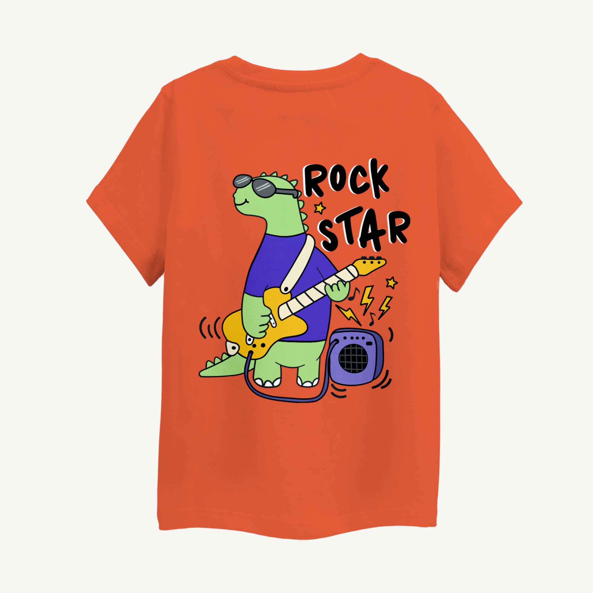 Orange t-shirt with a dinosaur playing guitar and 'Rock Star' text on the back.