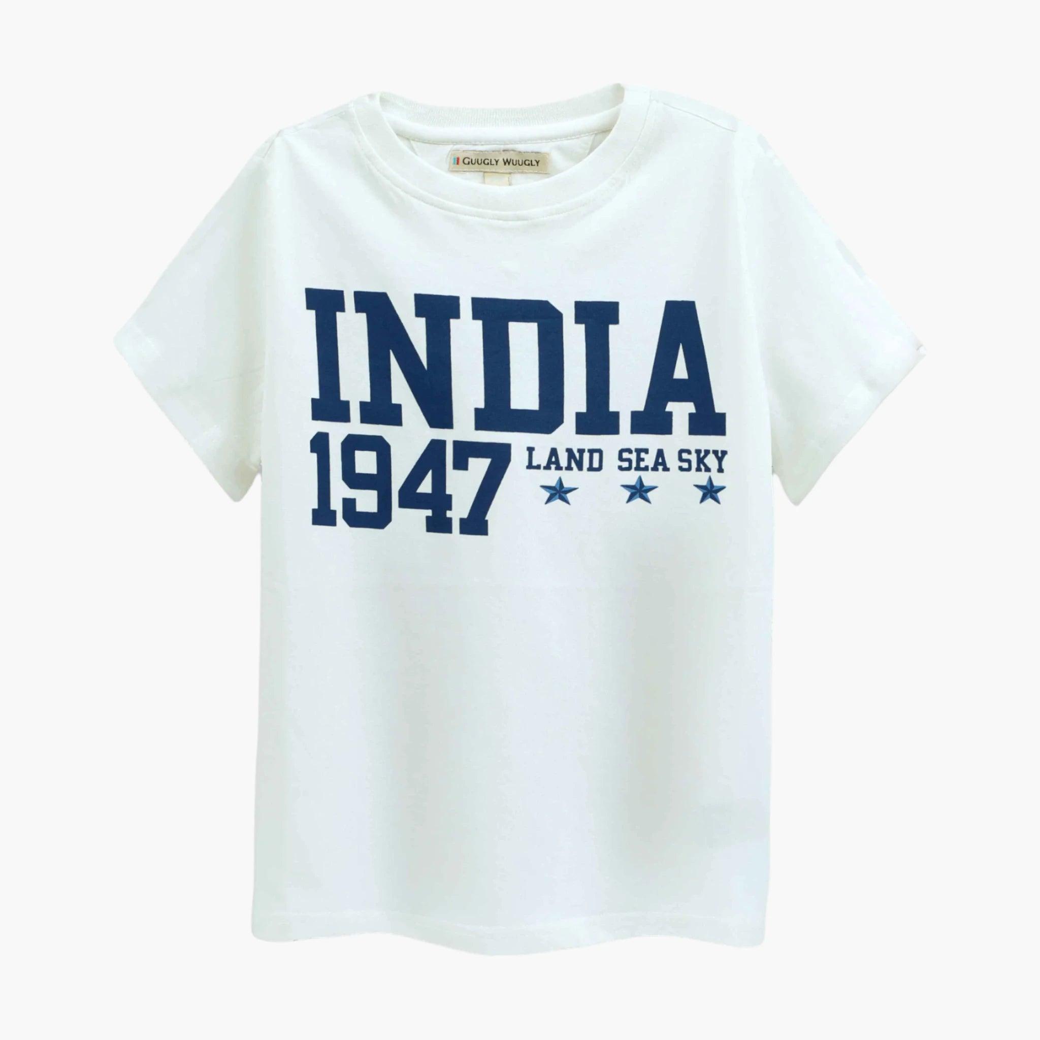 Front view of Boys India 1947 Print T-Shirt in white, designed for ages 4-12, showcasing the bold 'India 1947' graphic on the chest