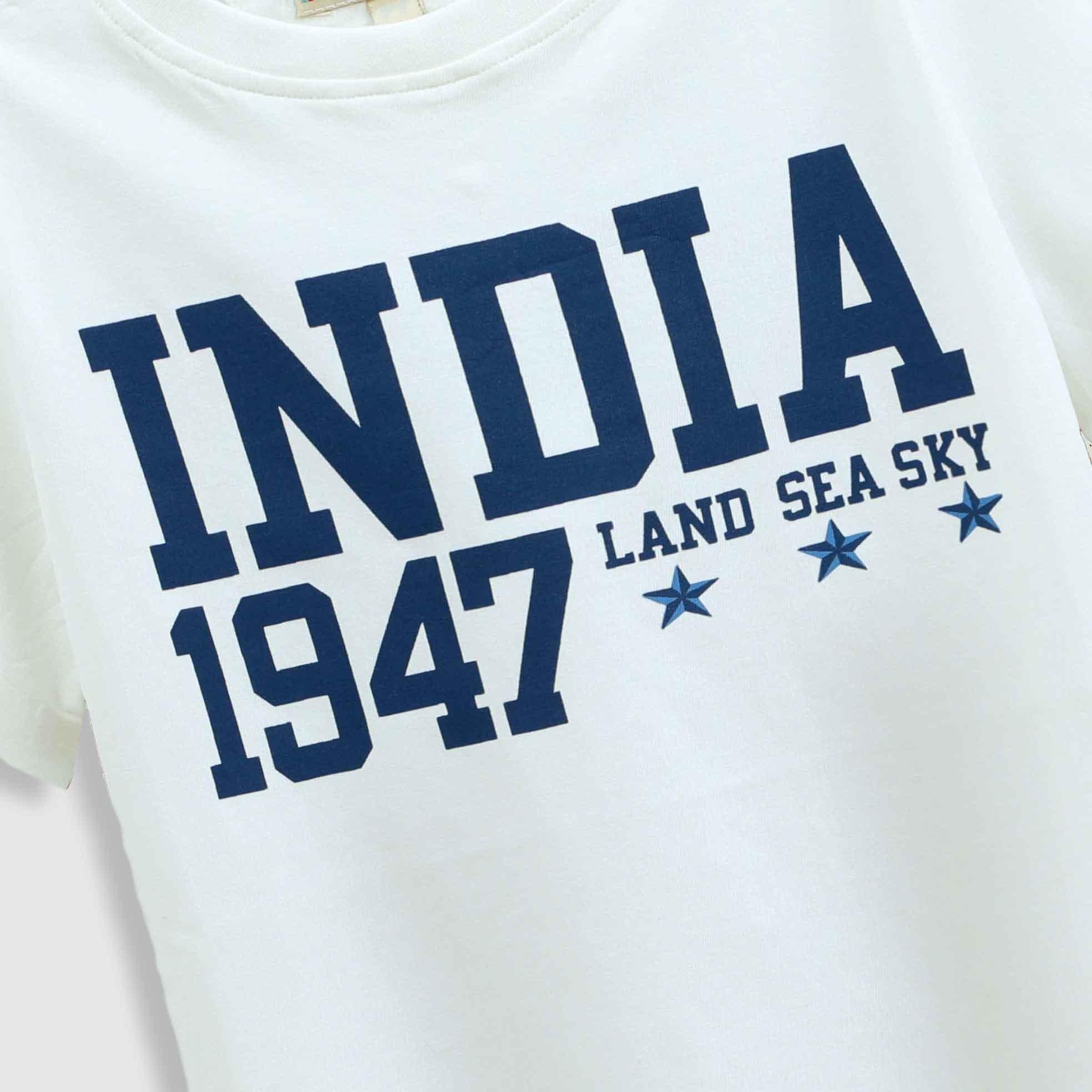 Close-up of the 'India 1947' print on the Boys white T-Shirt, highlighting the bold graphic and historical significance, suitable for ages 4-12.