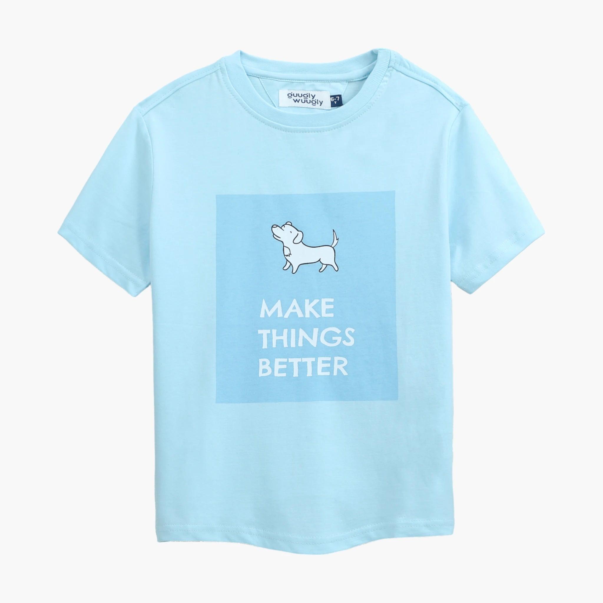 Front view of Boys 'Make Things Better' print T-Shirt in sky blue with a playful dog motif, designed for ages 4-12 years.