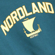 Yellow NORDLAND Print with Ship Motif on blue sweatshirt