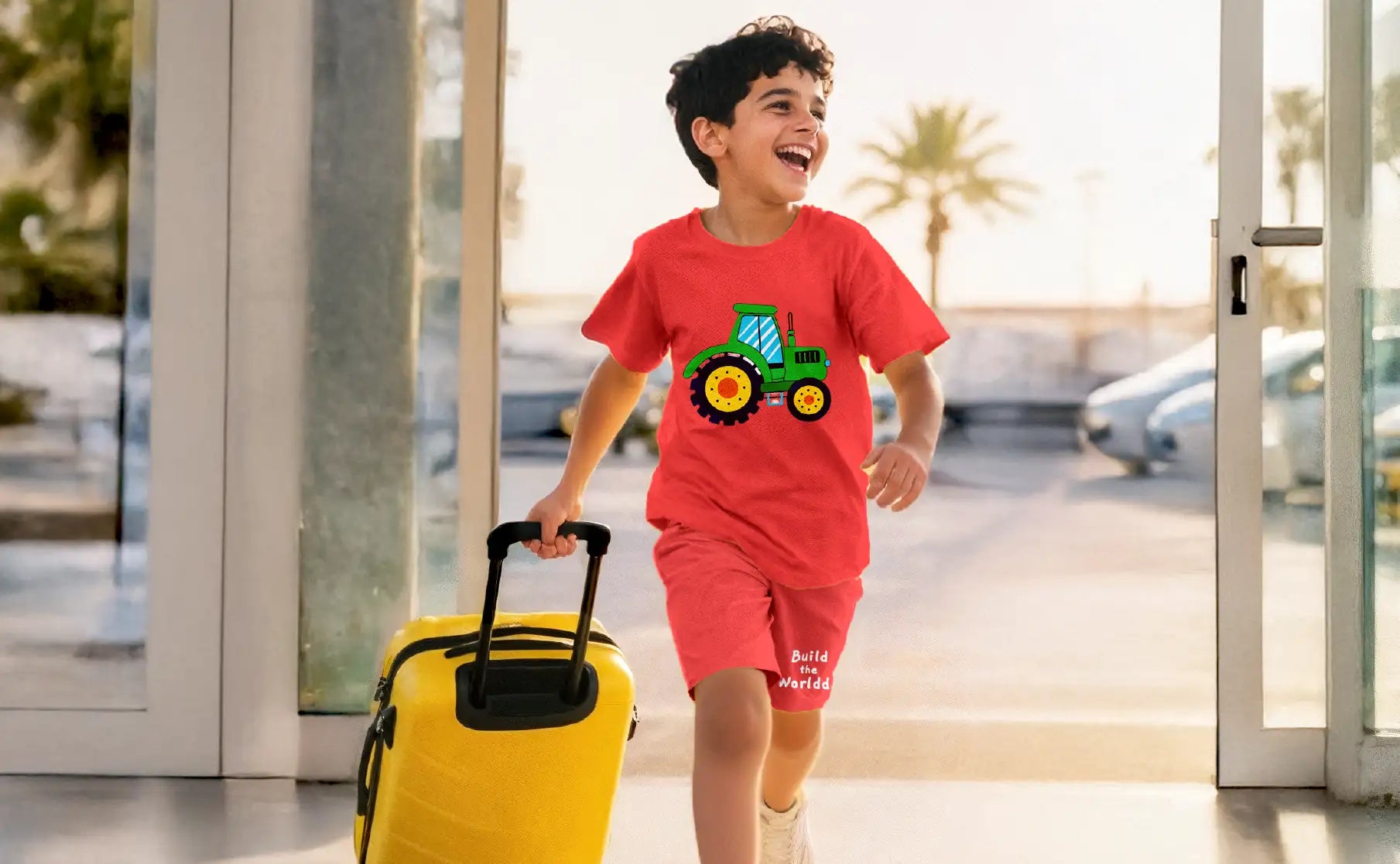 Child in a red co-ord set with a green tractor design, holding a yellow suitcase, walking through a glass door.