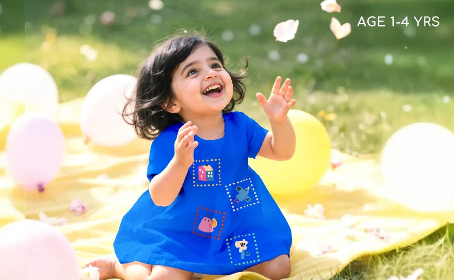 Child in a blue dress playing with balloons on a grassy field