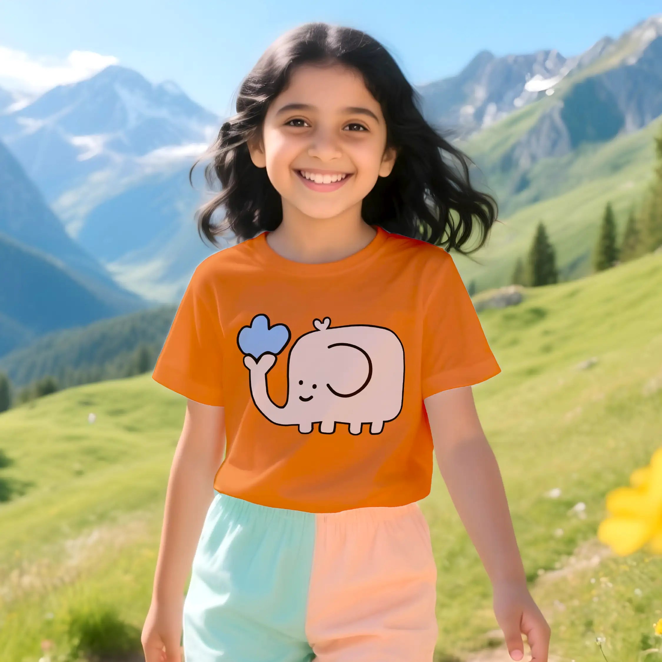 Young girl wearing an orange t-shirt with a cartoon design, standing in a mountainous landscape.