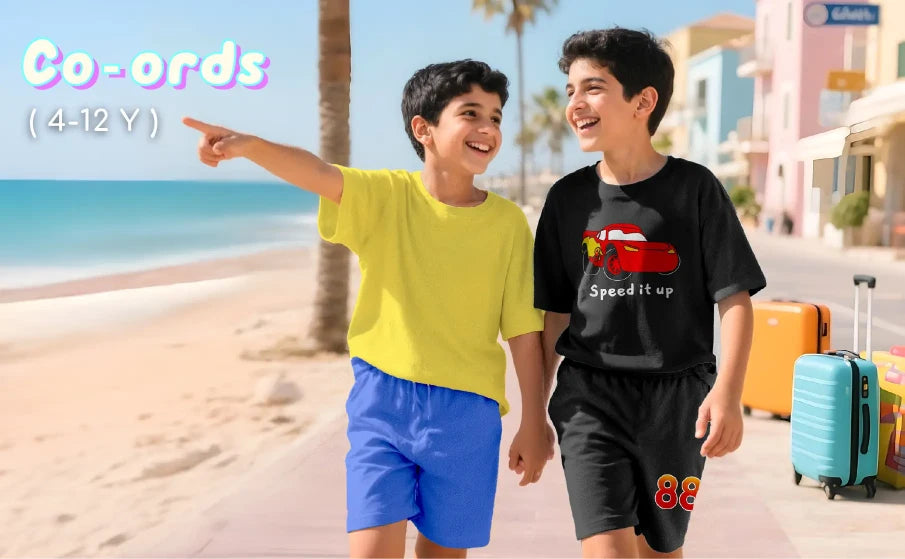 Two children walking on a beach with palm trees and a suitcase in the background.